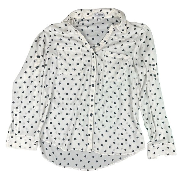 Express Lot Of 2 Blouses Shirts Black White Polka Dot Portofino Green Women's M - Picture 2 of 16